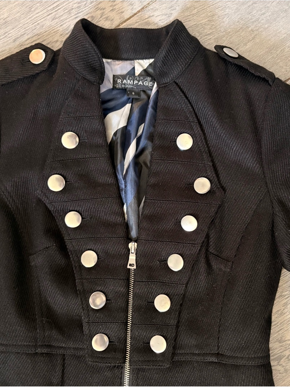 Rampage Black Military Style Long Coat Silver Button Structured Jacket Small - Picture 7 of 9